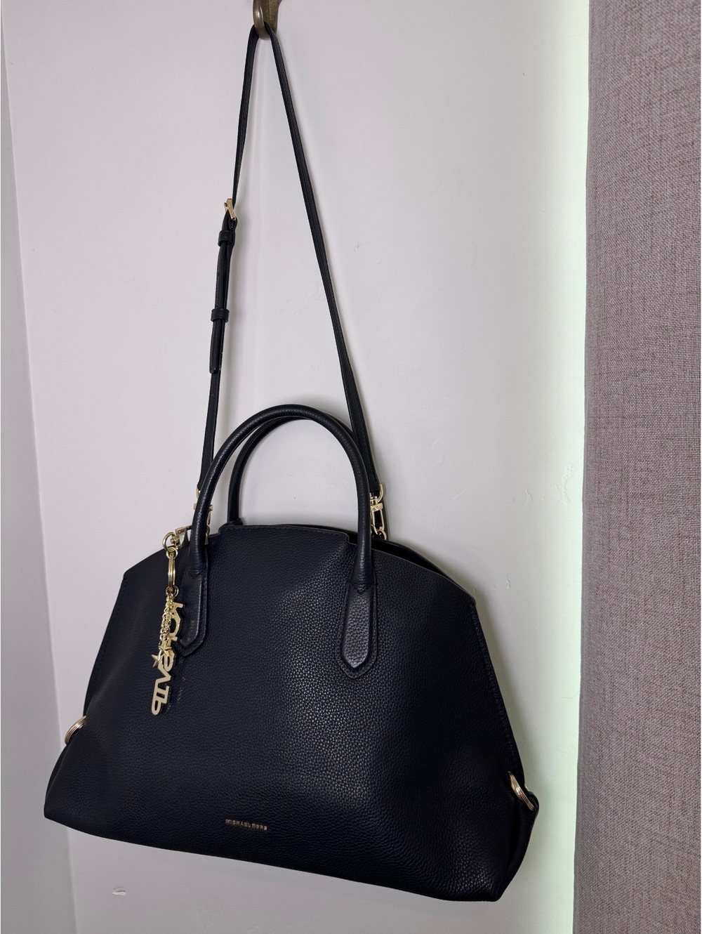 Michael Kors Mercer Large Dome Satchel Black Pebbled Leather Gold Hardware